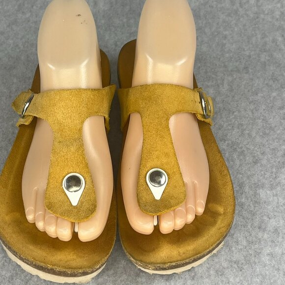Yokono Suede Leather Thongs T-Strap Sandals Shoes 7.5 8 Yellow Cork Made Spain - Picture 3 of 11